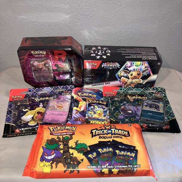 Pokemon DR Mewtwo Tin PE Surprise Box 2 PF Tech Sticker Trick Or Trade 35 Pk + 2 - Picture 1 of 16